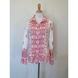 Cino Blouse Red/White Cotton L/S Button Front Size Medium